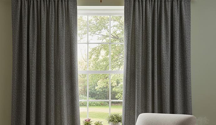 Grey textured wool draperies hanging in window