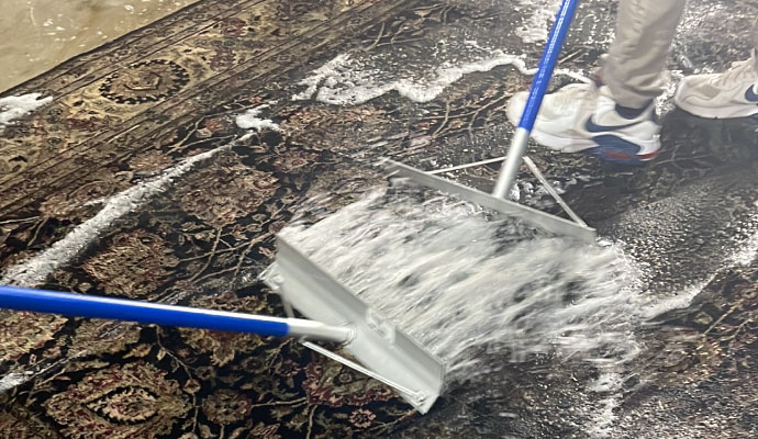 worker cleans the rug