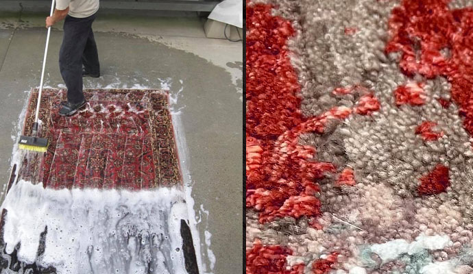 Professional worker cleaning rug with brush