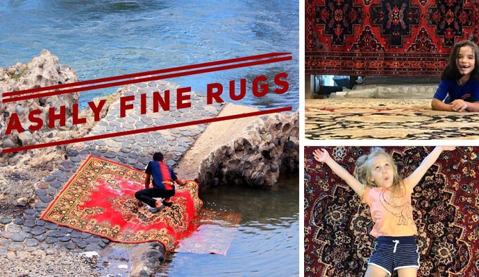 Worker cleaning rug beside the river, kids are playing on the cleaned rug